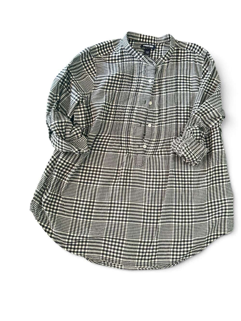 Lands' End Women's Black/Ivory Glen Plaid Flannel Pintuck Tunic Top